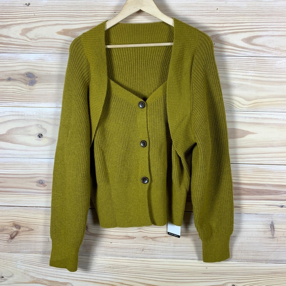 NWT ANEWSTA Sweater Womens XL Green‎ Henley Ribbed Chunky Knit Academia Twee